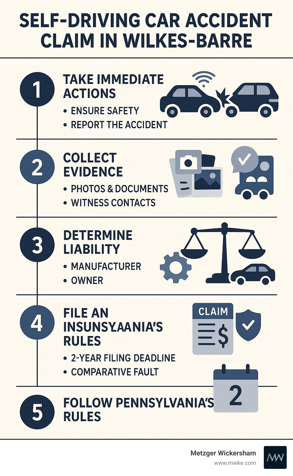 Detailed infographic showing the step-by-step process for filing a self-driving car accident claim in Wilkes-Barre, including immediate actions, evidence collection, liability determination between manufacturer and owner, insurance claim procedures, and Pennsylvania's two-year filing deadline with comparative fault rules - self driving car accident lawyer wilkes barre infographic 