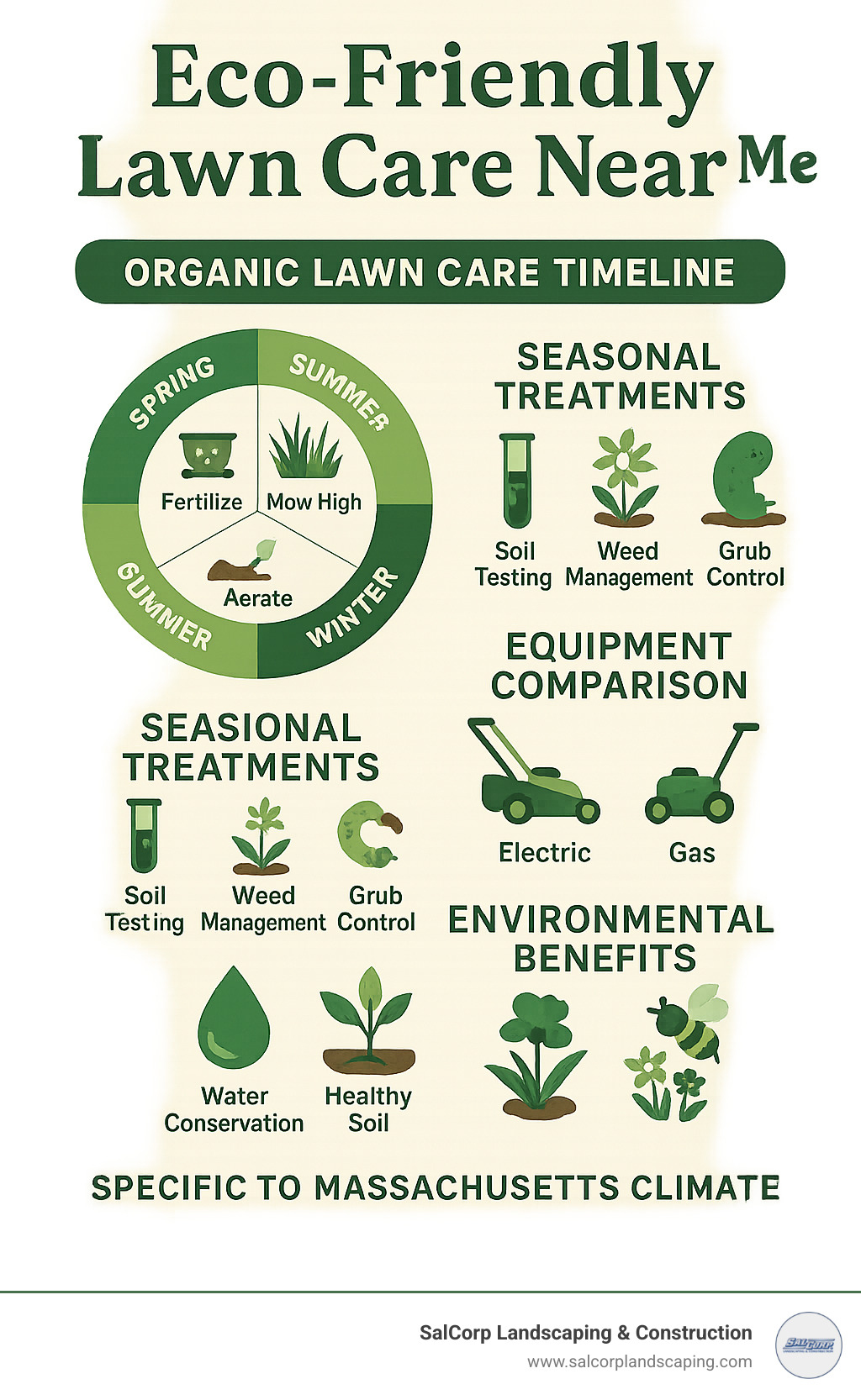 Detailed infographic showing organic lawn care timeline, seasonal treatments, equipment comparisons, and environmental benefits specific to Massachusetts climate - eco friendly lawn care near me infographic 