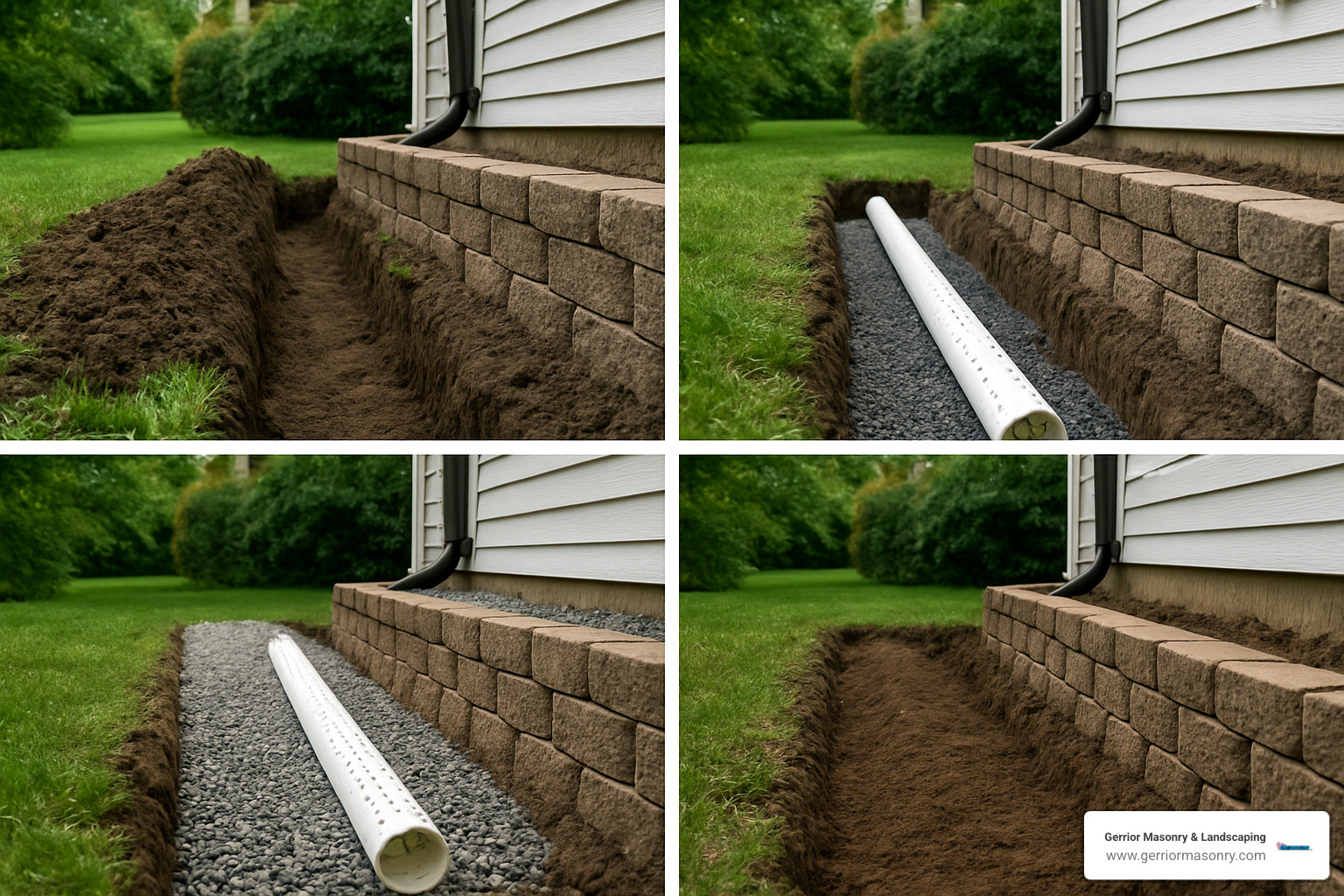 Step-by-step installation showing excavation, pipe placement, and backfill process - perforated drain pipe retaining wall