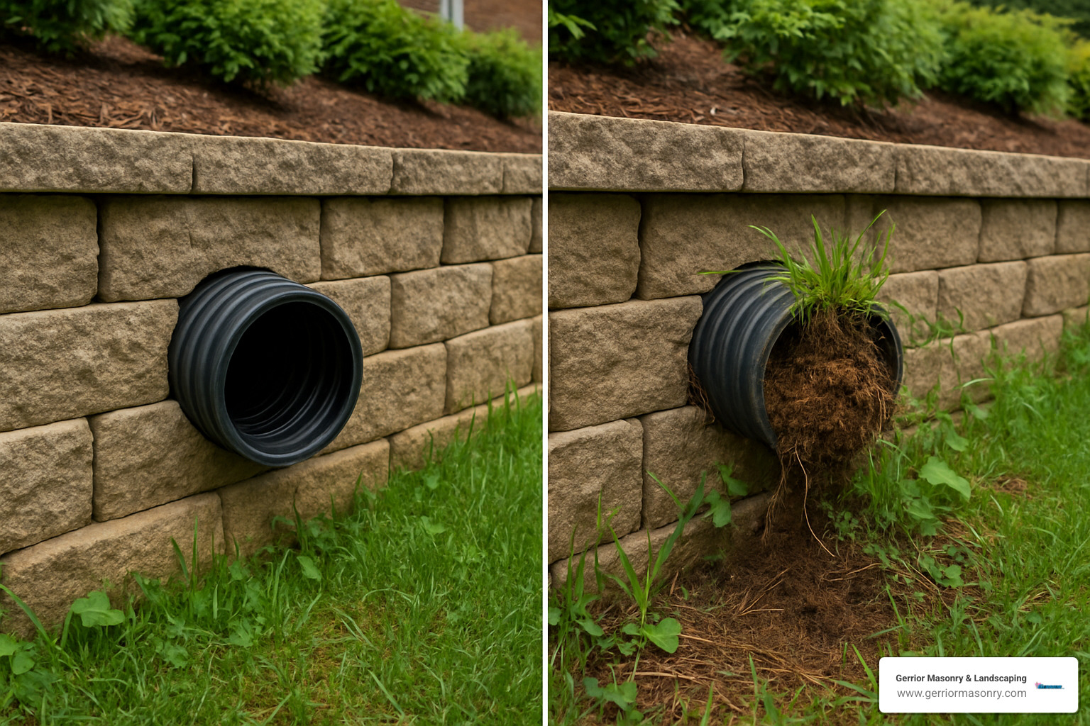 Comparison images showing clear outlet versus clogged outlet with vegetation growth - perforated drain pipe retaining wall