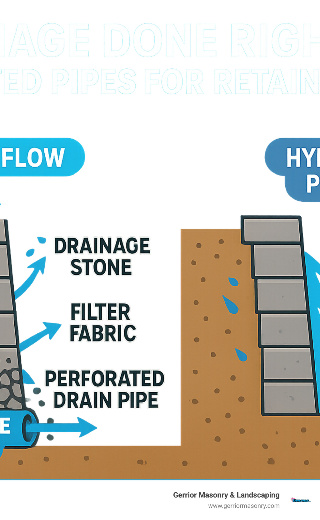 Detailed infographic showing cross-section of retaining wall with perforated drain pipe at base, surrounded by gravel, covered with filter fabric, and showing water flow paths versus hydrostatic pressure buildup in undrained wall - perforated drain pipe retaining wall infographic 