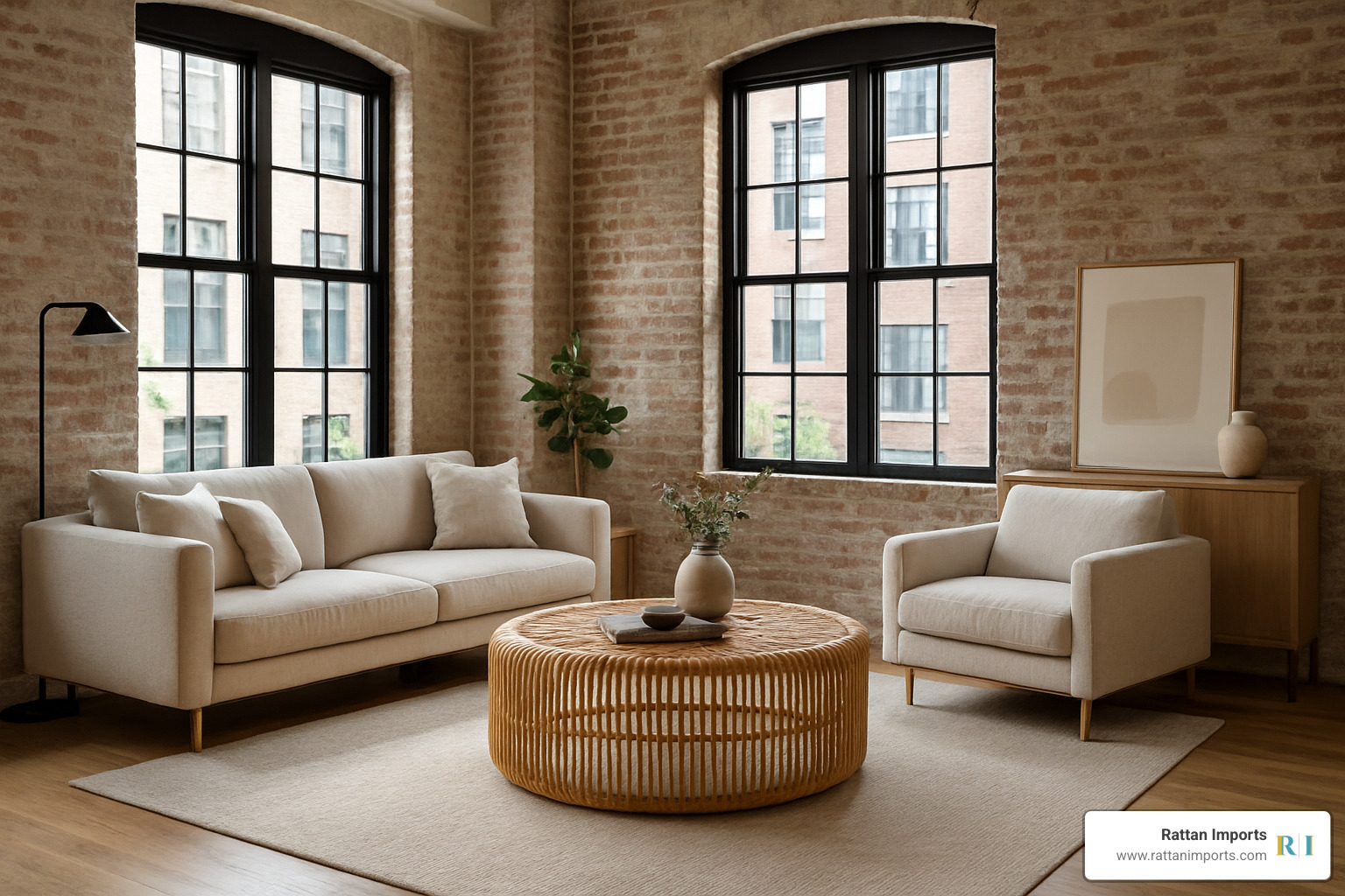 modern loft living room featuring a round rattan coffee table as centerpiece - round rattan coffee tables
