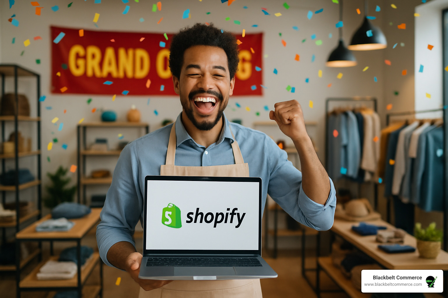 happy store owner celebrating successful launch - building a website on shopify