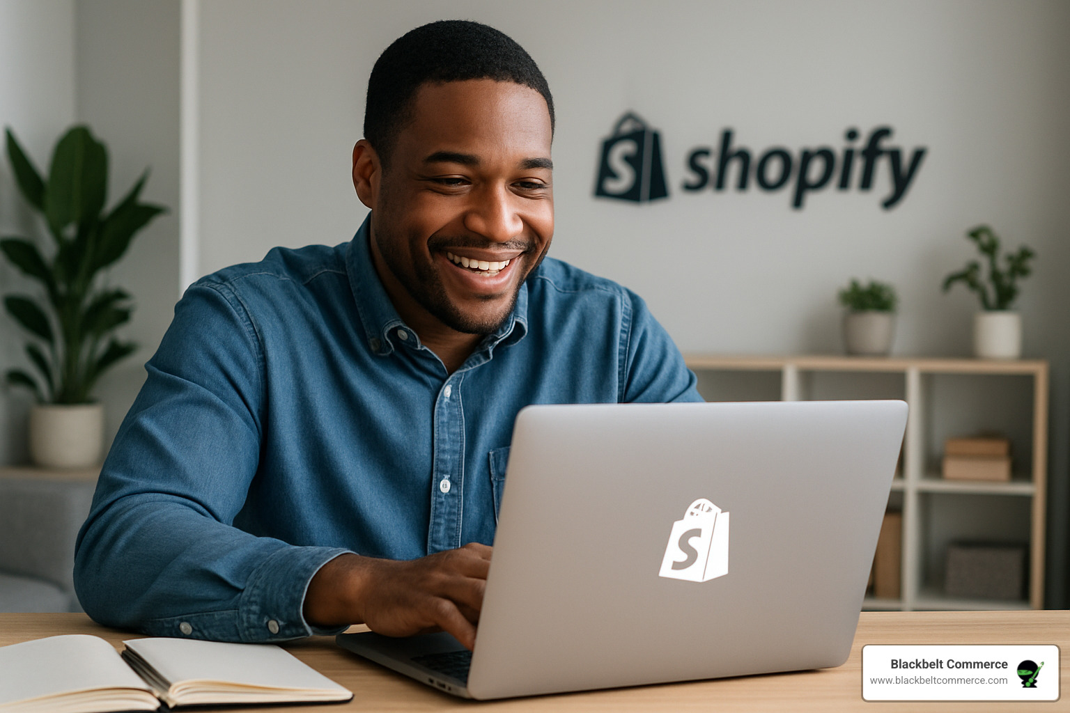 successful ecommerce entrepreneur working on laptop - building a website on shopify