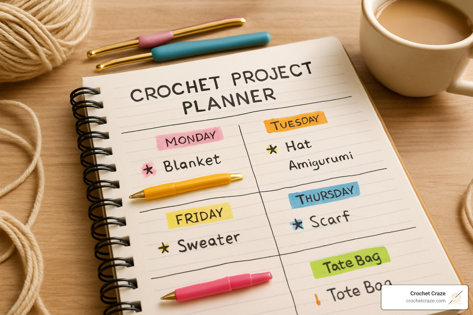 Color-coded planner spread showing different project types marked with colored tabs and priority symbols - Crochet project planner