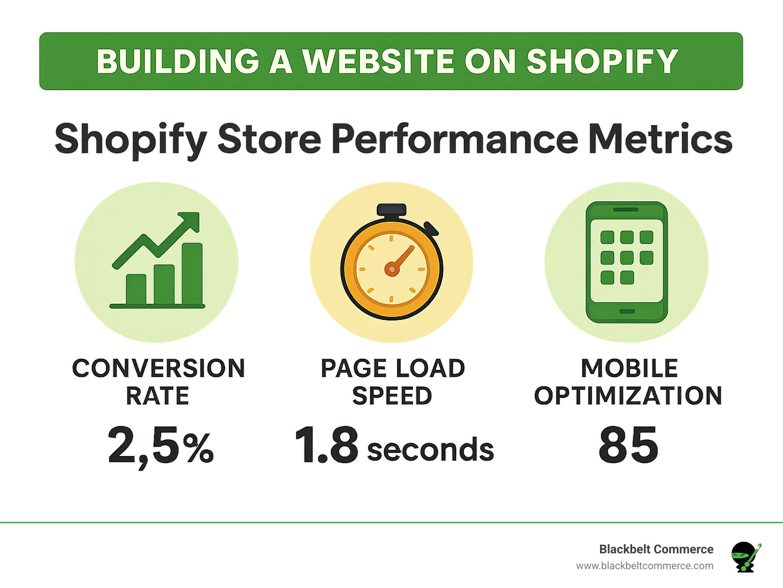 Shopify store performance metrics showing conversion rates, page load speeds, and mobile optimization scores - building a website on shopify infographic 