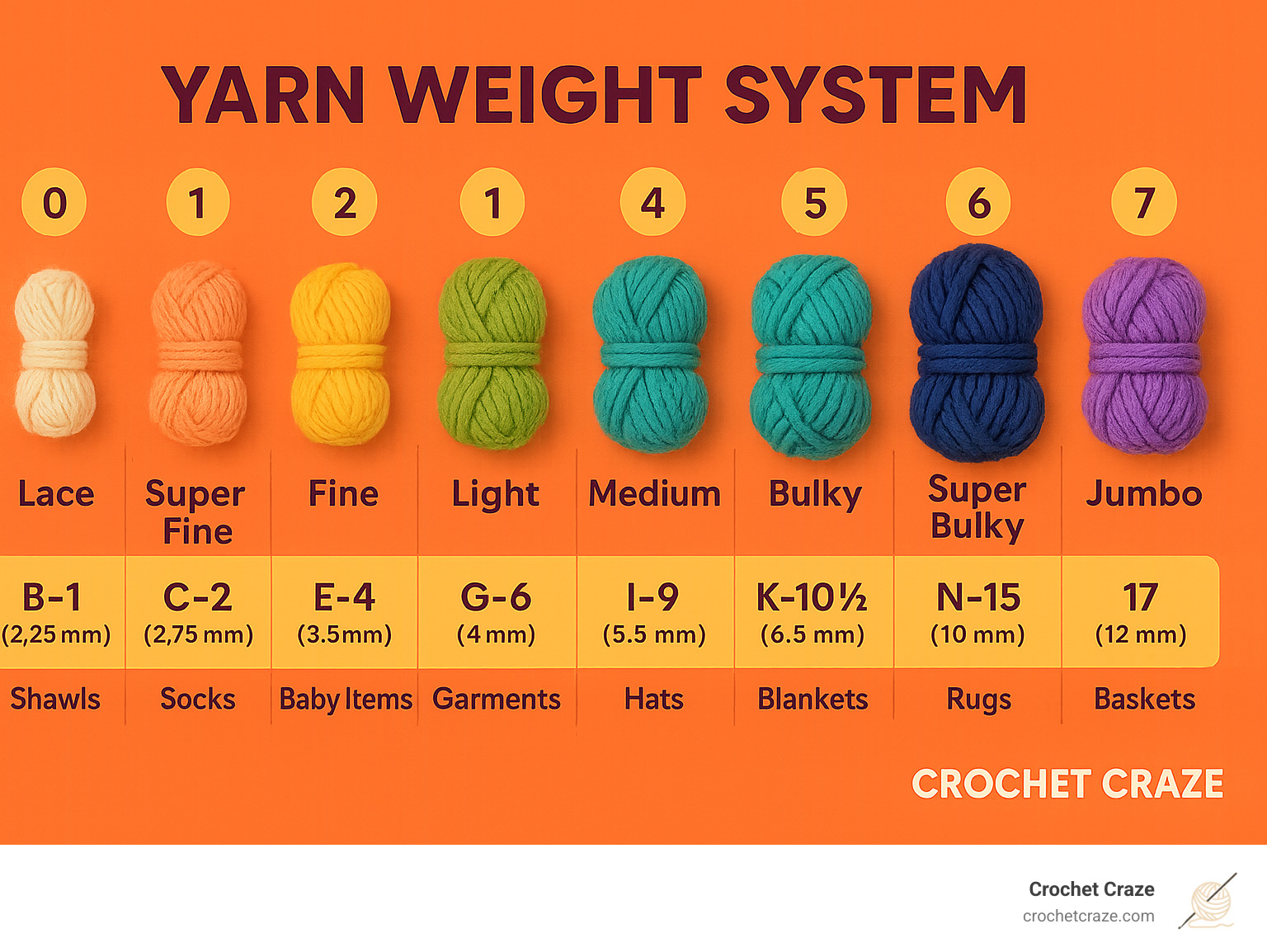 Infographic showing yarn weight system from lace weight (0) through jumbo (7) with corresponding hook sizes and typical project applications - Crochet project planner infographic