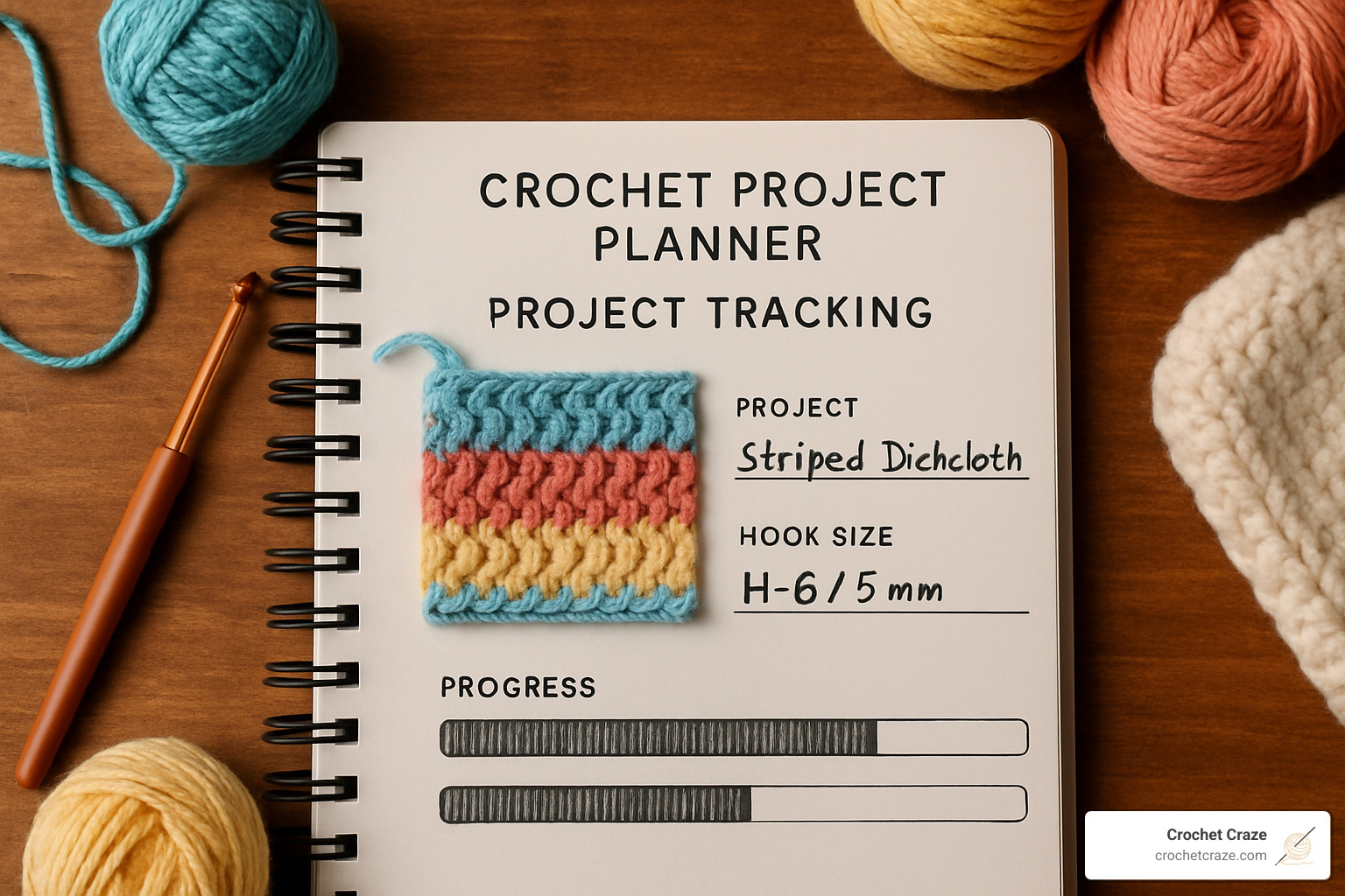 Sample planner spread showing project tracking page with yarn sample attached, hook size noted, and progress bars filled in - Crochet project planner
