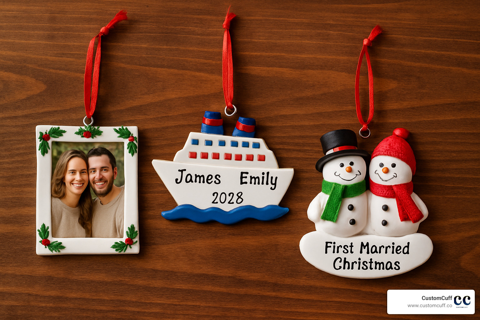 Top 3 couple Christmas ornaments featuring a personalized photo frame ornament, cruise ship design, and first married Christmas snowman couple - couple xmas ornament