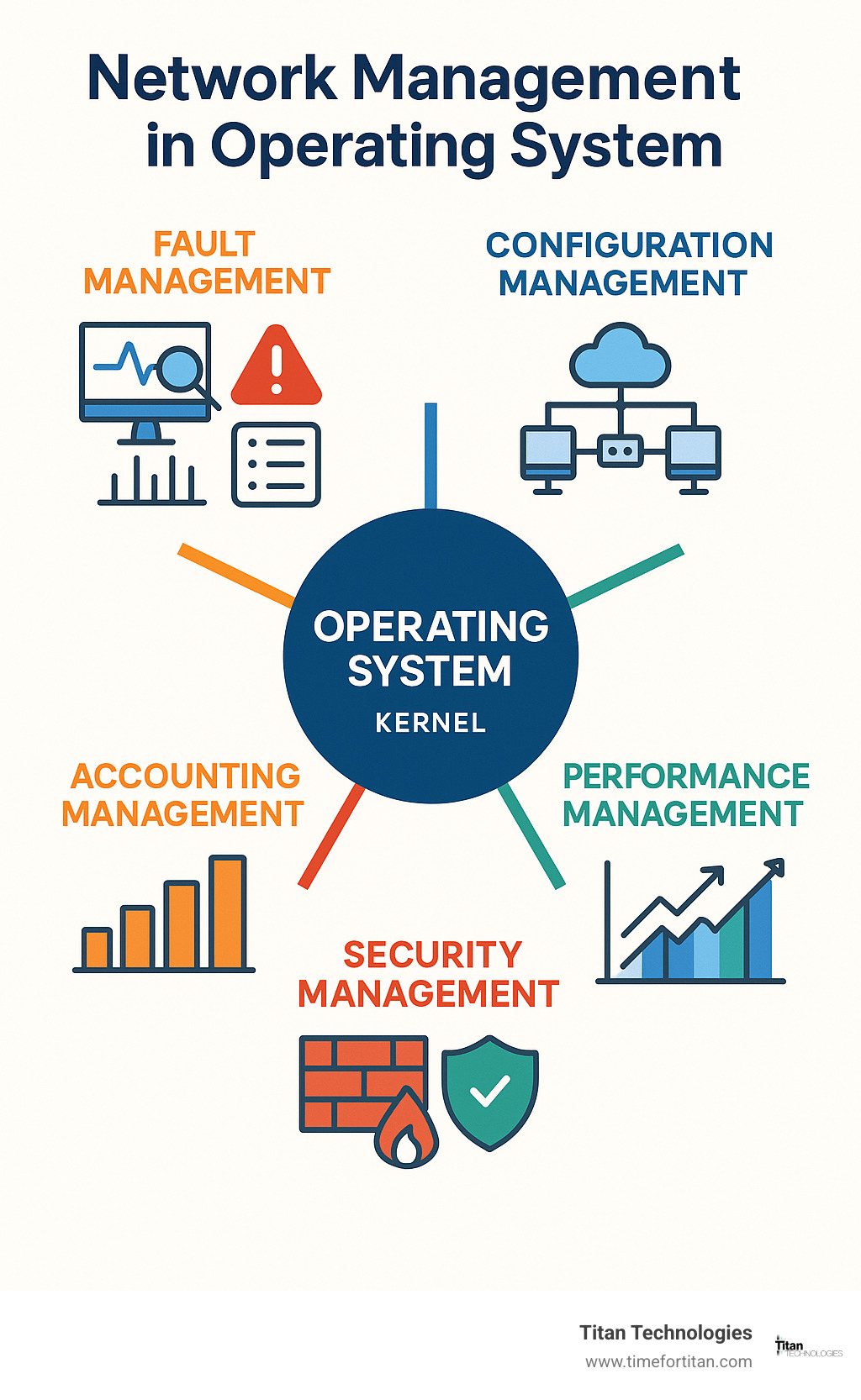 Detailed infographic showing the five core components of network management in operating systems: Fault Management with monitoring icons and alert symbols, Configuration Management with network topology diagrams, Performance Management with bandwidth graphs and metrics, Security Management with firewall and authentication shields, and Accounting Management with usage tracking charts, all connected through a central operating system kernel - network management in operating system infographic 