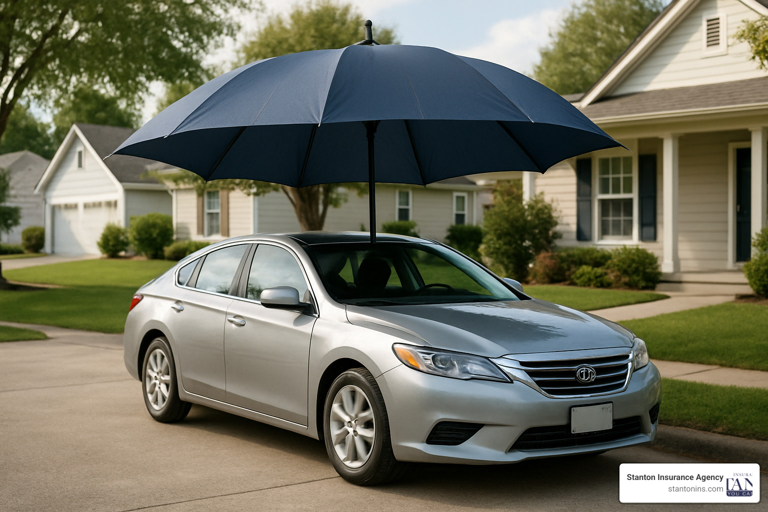 Umbrella over car representing comprehensive protection - average cost of car insurance in ma