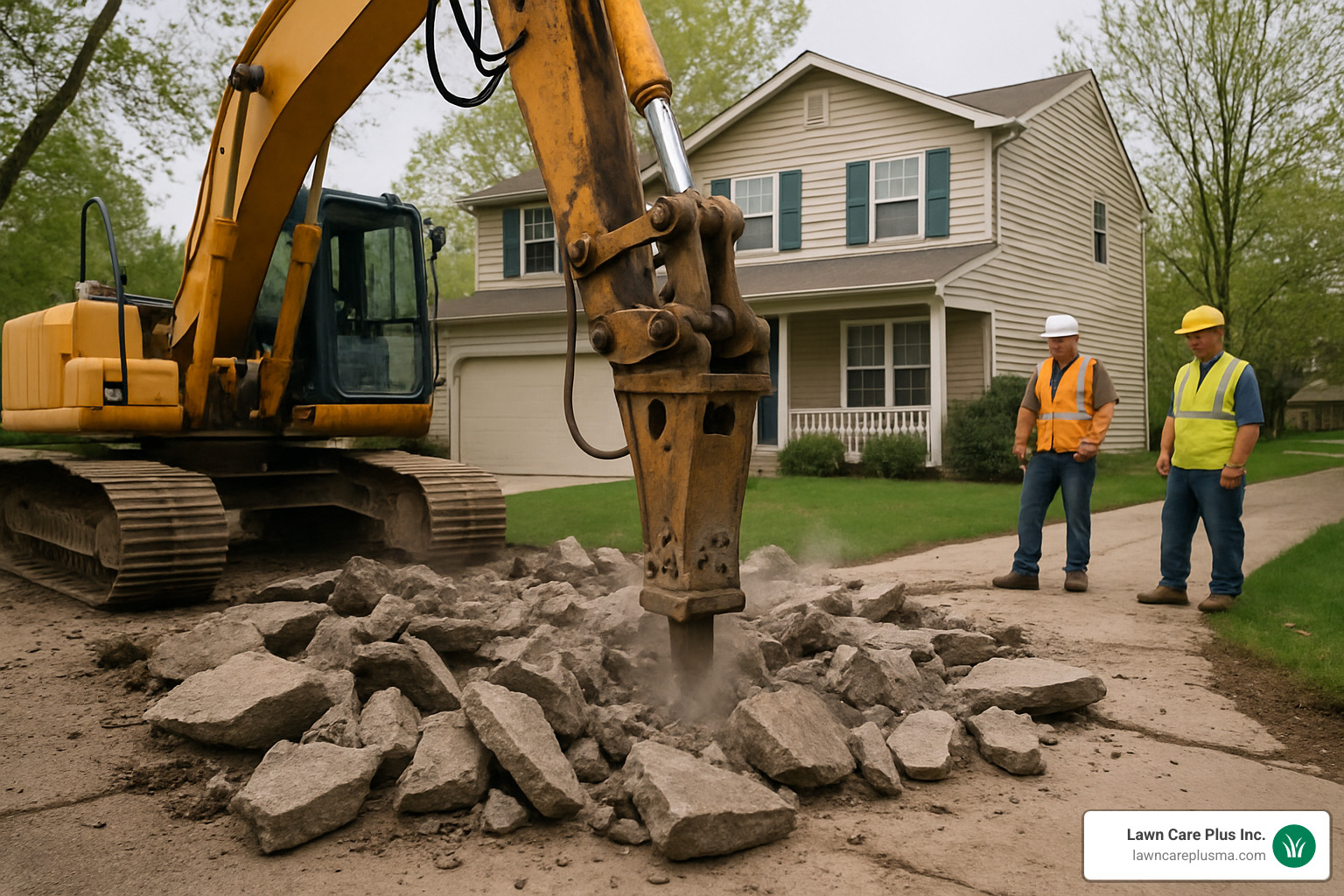 demolition machinery breaking up old concrete driveway - driveway replacement contractors