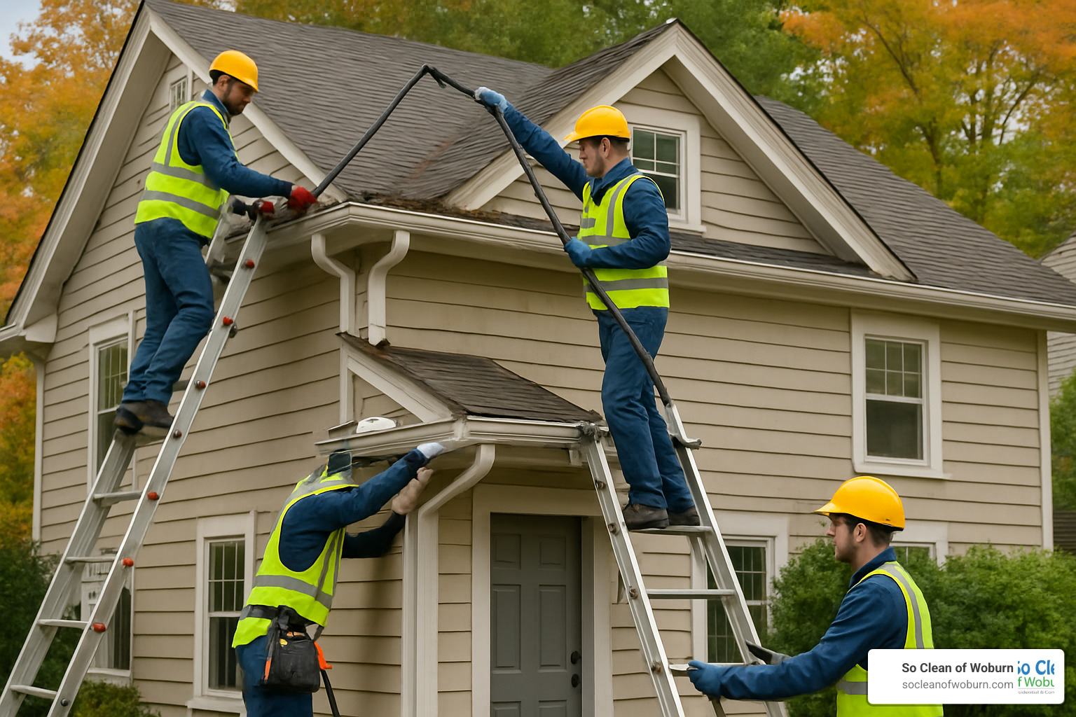 Professional gutter cleaning team safely working on Medford home gutters - gutter cleaning services medford ma