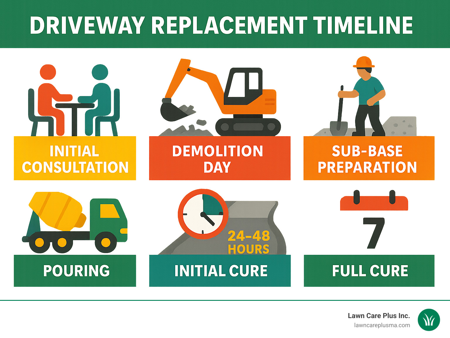 Infographic showing driveway replacement timeline from initial consultation through final curing, including demolition day, sub-base preparation, pouring, 24-48 hour initial cure, and 7-day full cure periods - driveway replacement contractors infographic