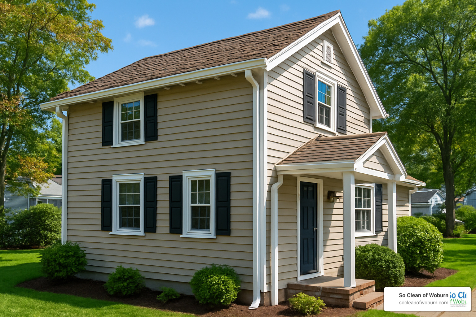 Clean, free-flowing gutters with clear downspouts after professional service on a beautiful Medford home - gutter cleaning services medford ma
