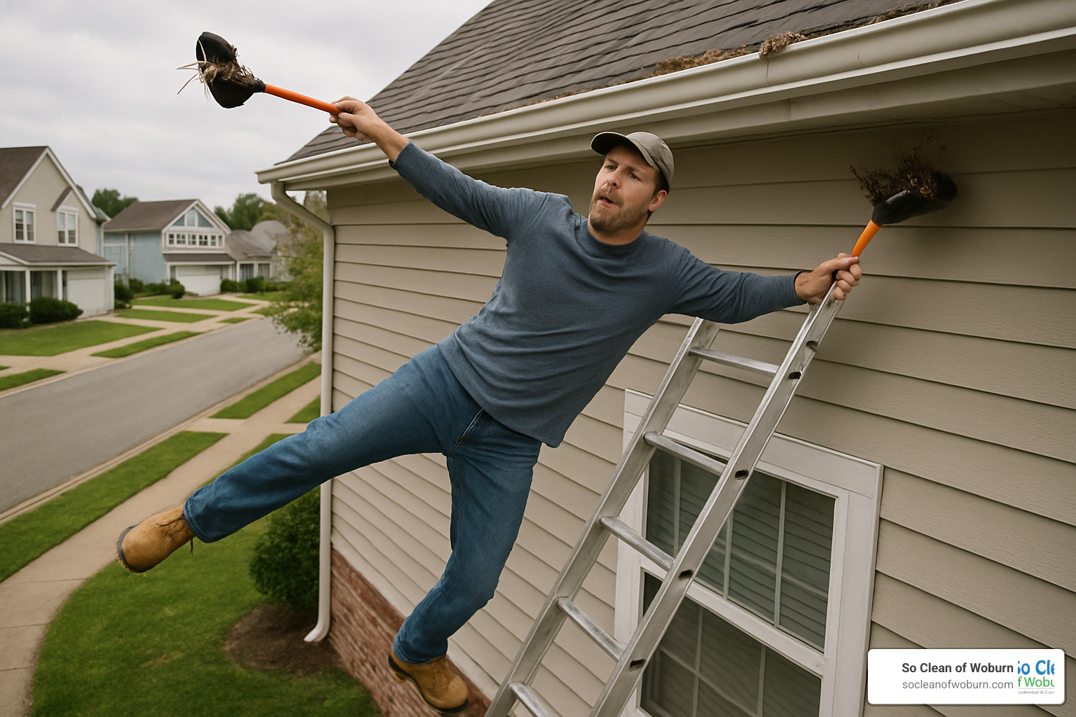 Homeowner precariously balanced on unstable ladder attempting gutter cleaning - gutter cleaning services medford ma