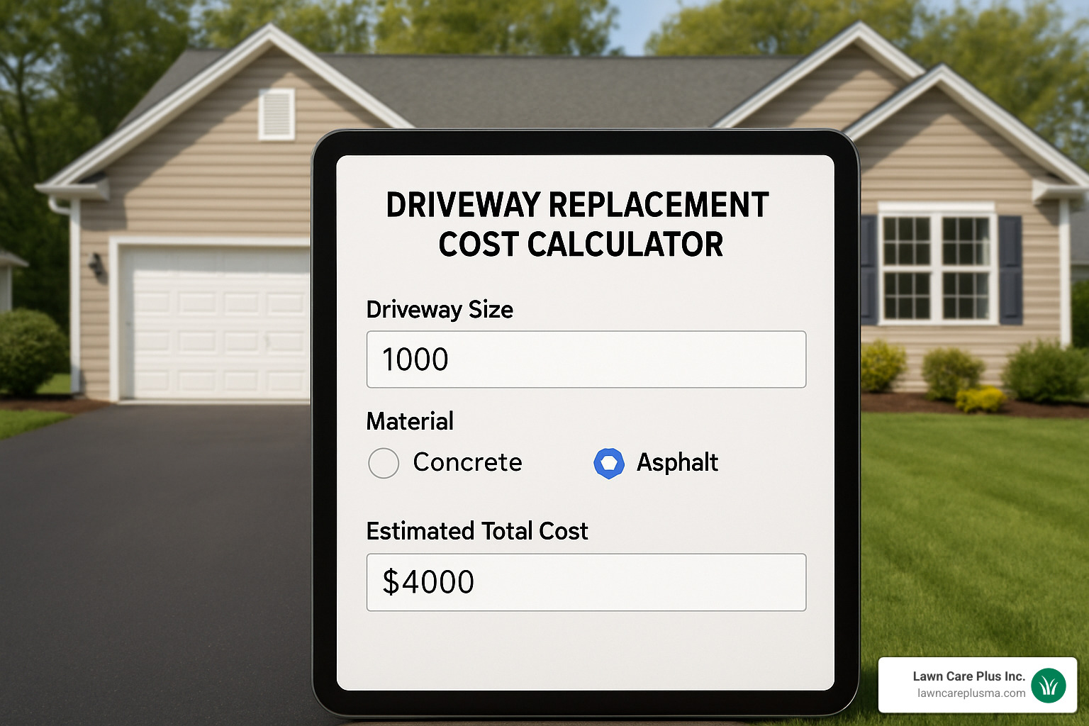cost calculator screen showing driveway replacement estimates - driveway replacement contractors