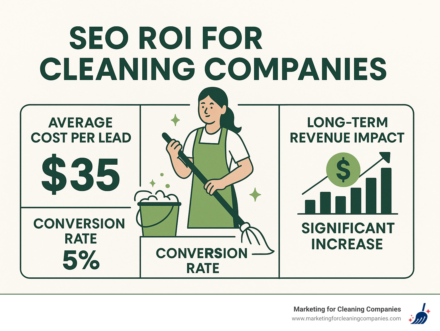 Infographic showing SEO ROI statistics for cleaning companies, including average cost per lead, conversion rates, and long-term revenue impact - search engine optimization for cleaning companies infographic Infographic showing SEO ROI statistics for cleaning companies, including average cost per lead, conversion rates, and long-term revenue impact - search engine optimization for cleaning companies infographic