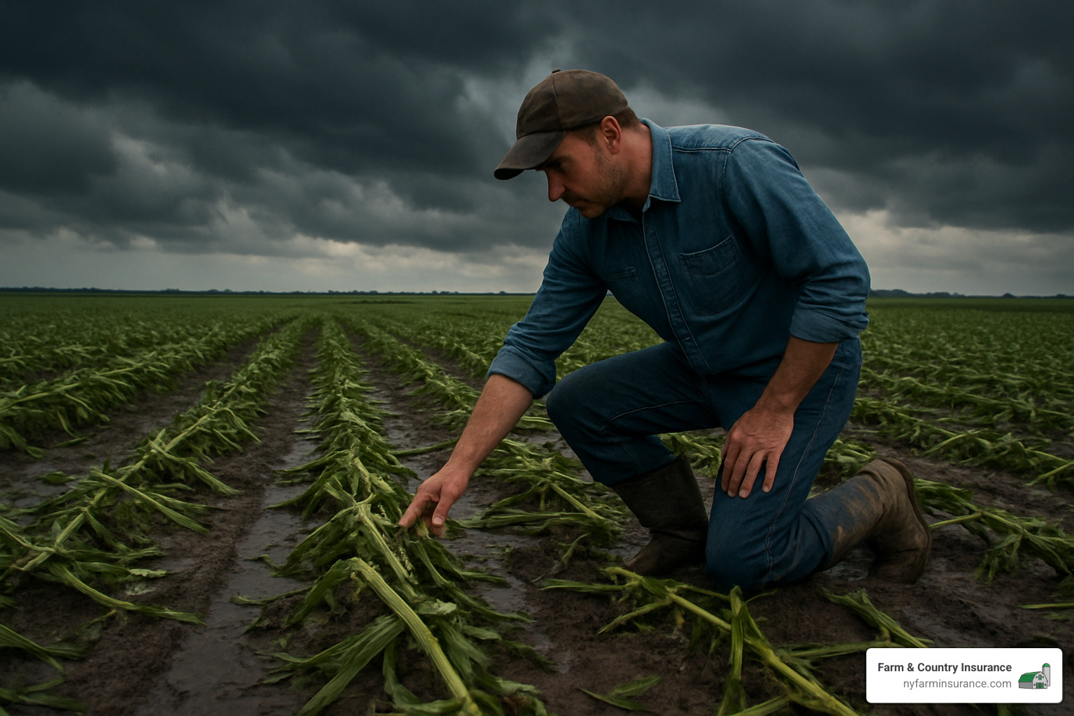 farmer examining damaged crops after severe weather - crop damage insurance