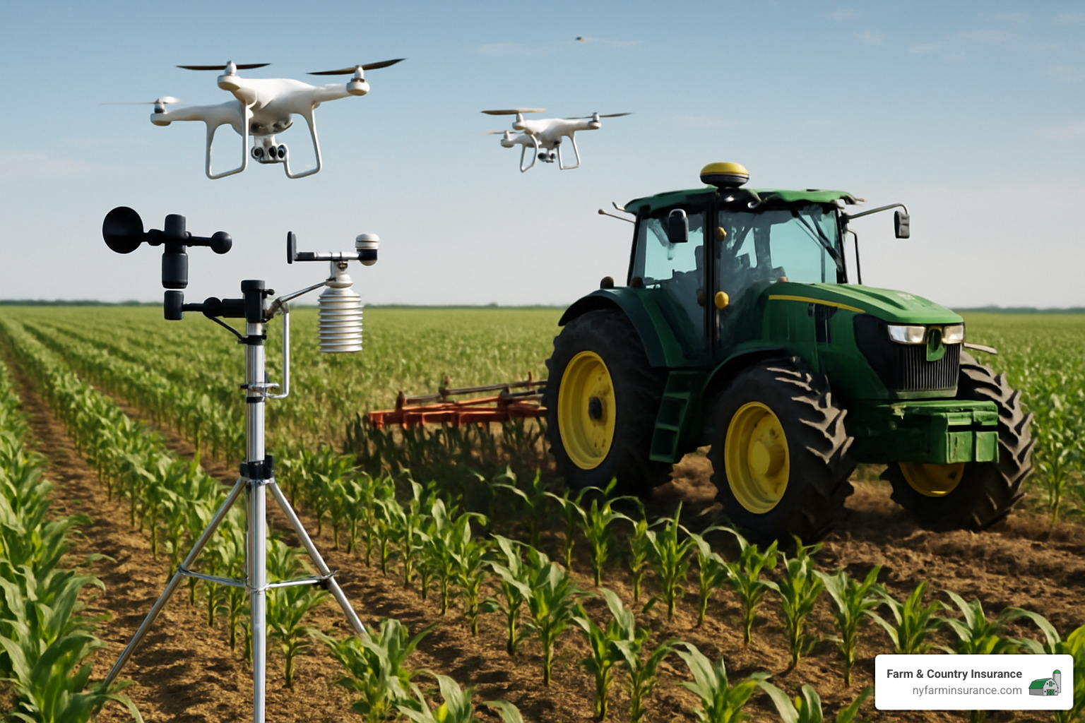 modern farm with precision agriculture technology and weather monitoring equipment - crop damage insurance