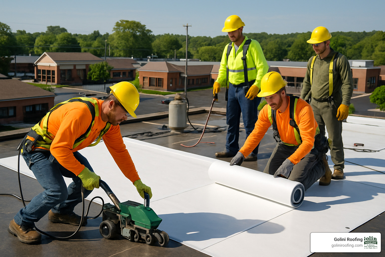 crew installing roofing membrane - commercial roofing company north reading ma