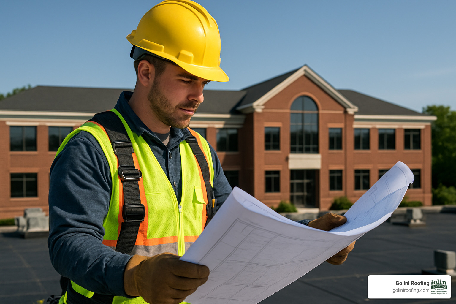 contractor reviewing building plans - commercial roofing company north reading ma