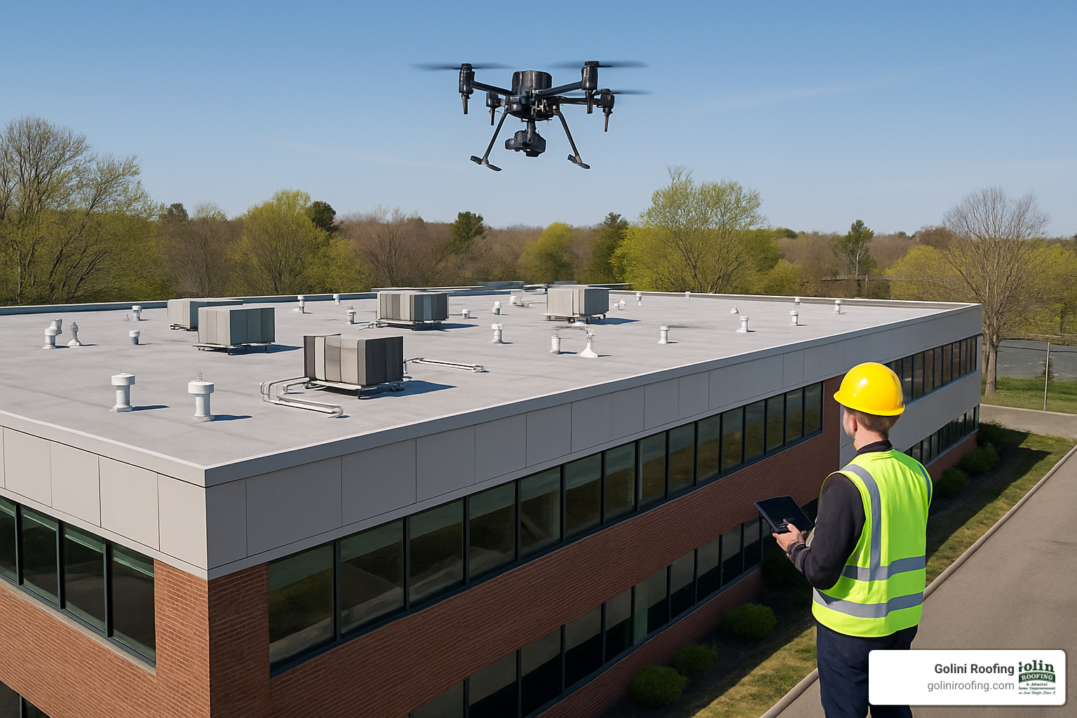drone conducting roof inspection - commercial roofing company north reading ma