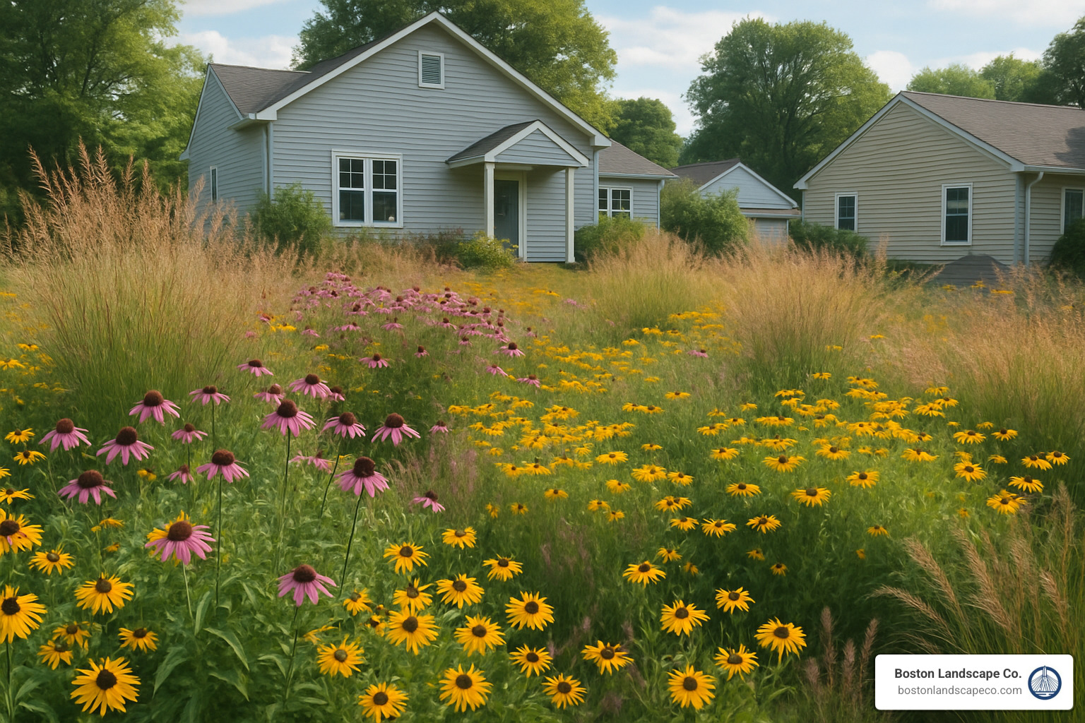 Native meadow garden with ornamental grasses and wildflowers replacing traditional lawn areas - landscape design Lexington MA