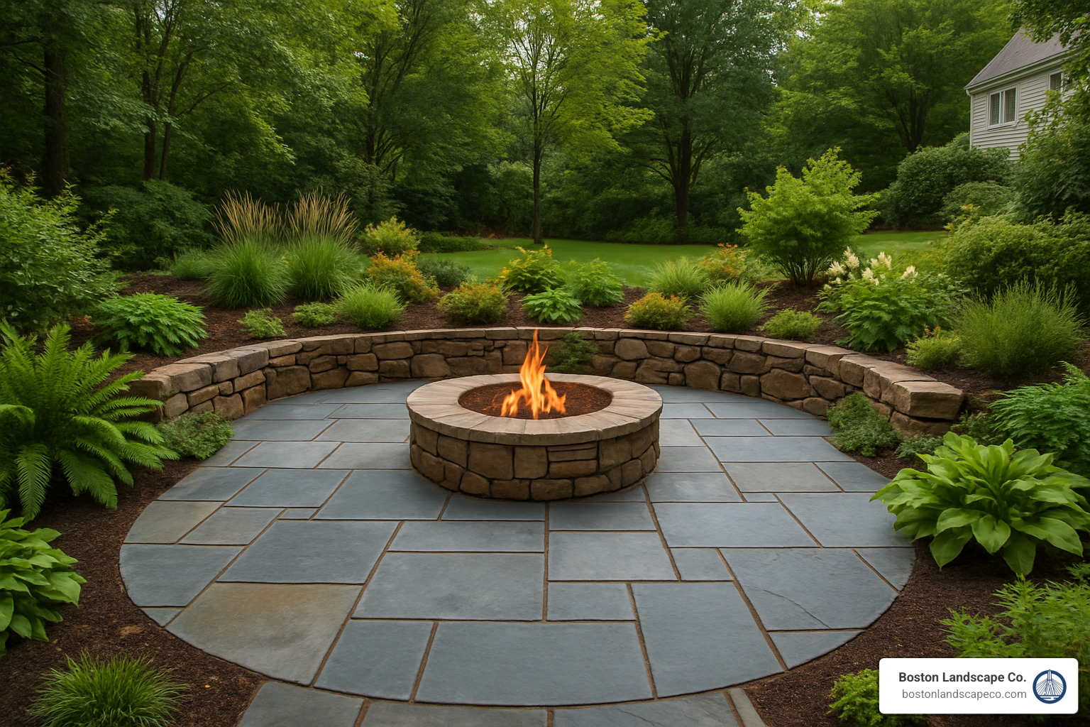 Bluestone patio with integrated fire pit surrounded by native plantings and natural stone retaining walls - landscape design Lexington MA