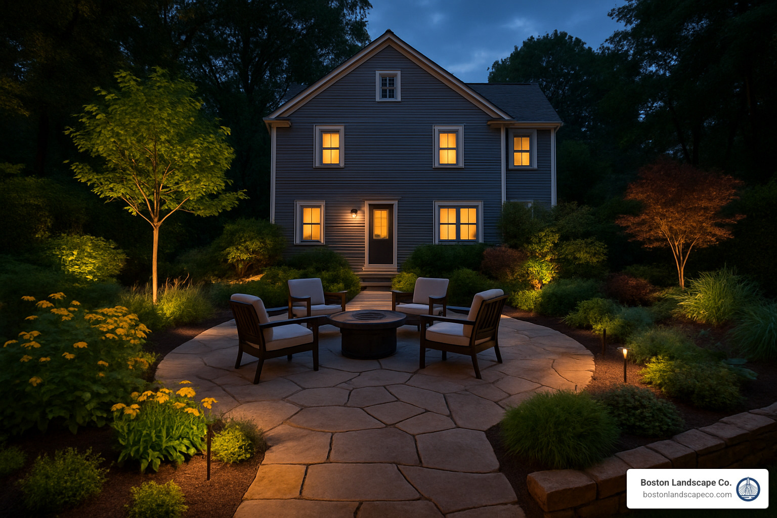 Completed Lexington backyard change showing integrated patio, native plantings, and outdoor lighting creating an inviting evening atmosphere - landscape design Lexington MA