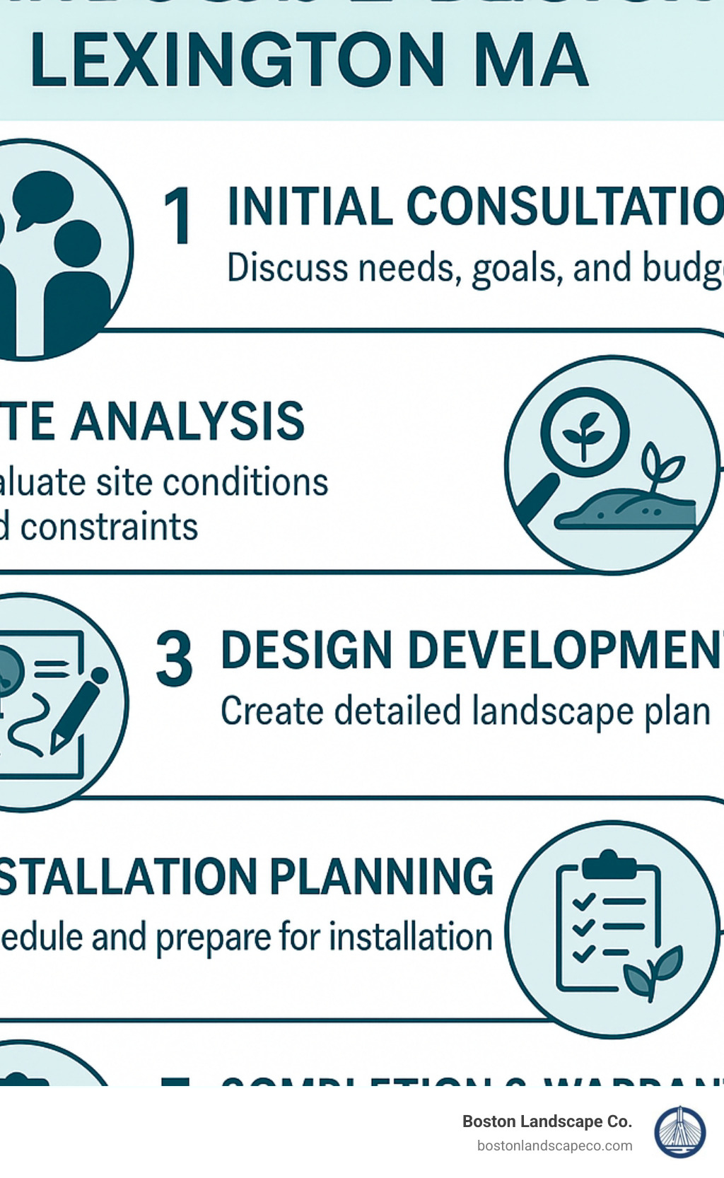 Infographic showing the 5-step landscape design process from initial consultation through site analysis, design development, installation planning, and final completion with warranty - landscape designer in Lexington MA infographic 