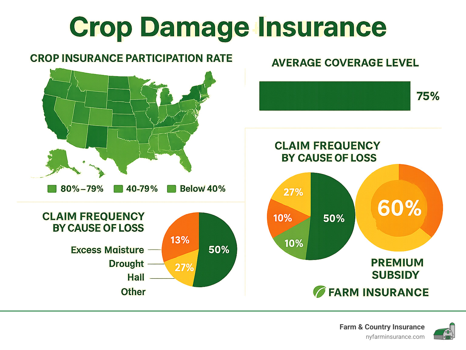 Detailed infographic showing crop insurance participation rates by state, average coverage levels, claim frequency by cause of loss, and premium subsidy percentages, with New York specifically highlighted - crop damage insurance infographic 