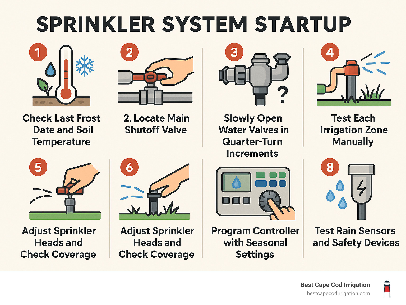 Detailed infographic showing 8-step sprinkler system startup process: 1) Check last frost date and soil temperature, 2) Locate main shutoff valve, 3) Inspect backflow preventer for damage, 4) Slowly open water valves in quarter-turn increments, 5) Test each irrigation zone manually, 6) Adjust sprinkler heads and check coverage, 7) Program controller with seasonal settings, 8) Test rain sensors and safety devices - sprinkler system startup infographic 