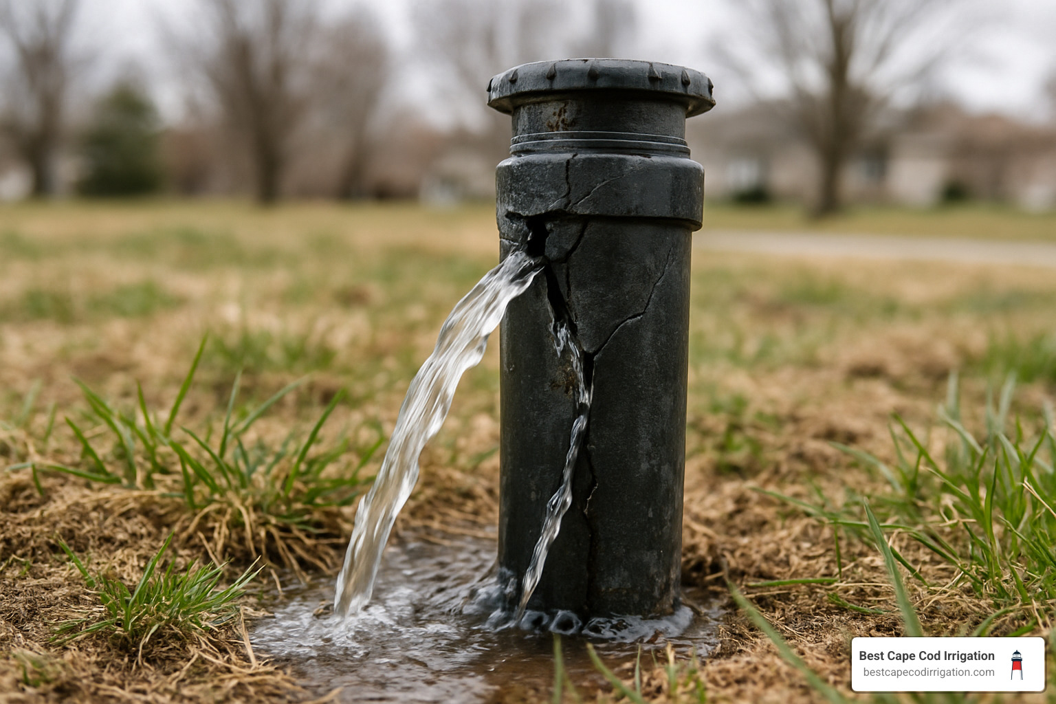broken sprinkler head showing common winter damage - sprinkler system startup
