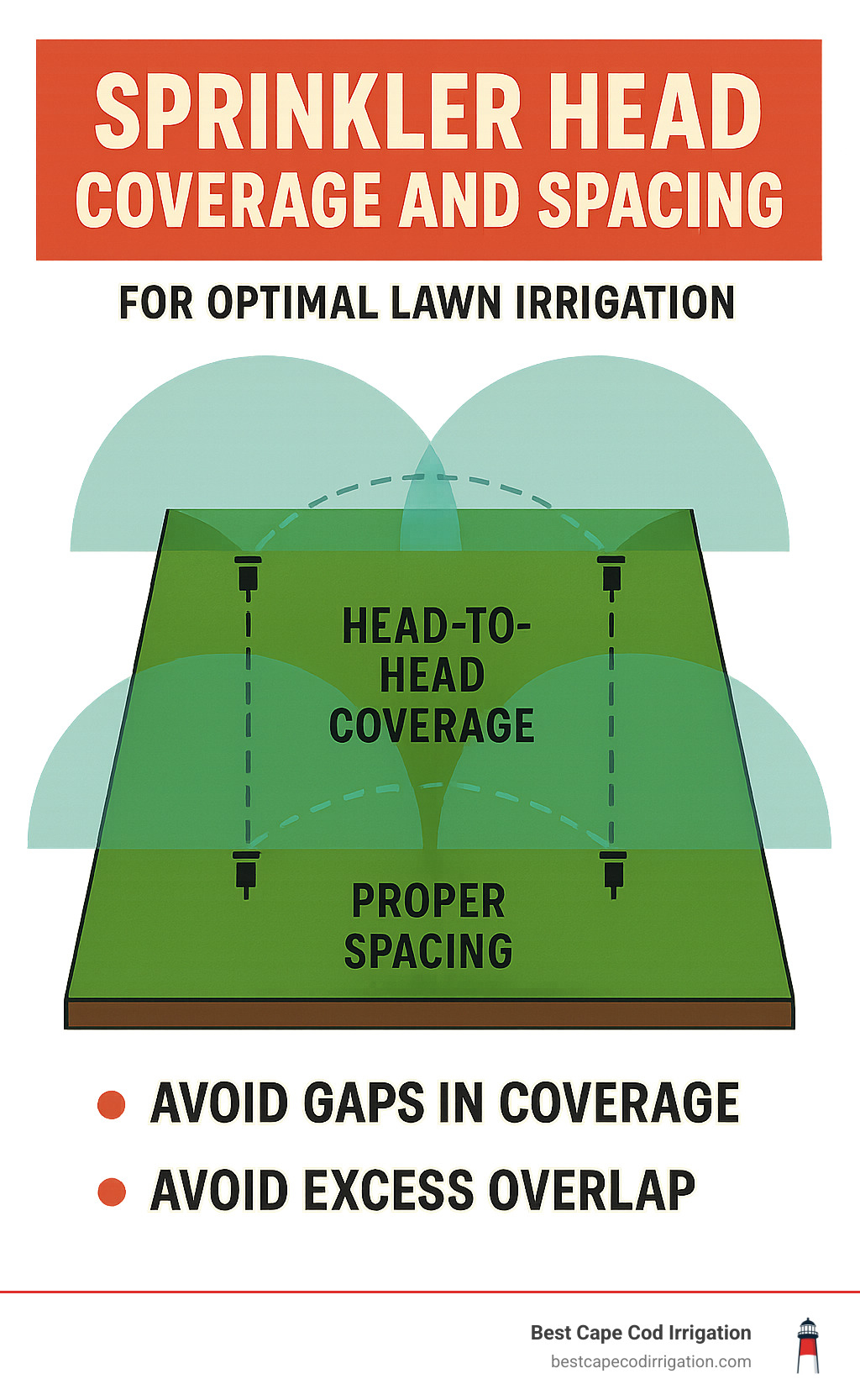 Infographic showing proper sprinkler head coverage patterns and spacing for optimal lawn irrigation - sprinkler system startup infographic 