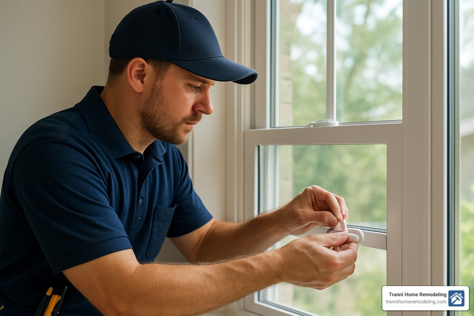 Window technician adjusting sash lock and hardware - home replacement windows near me
