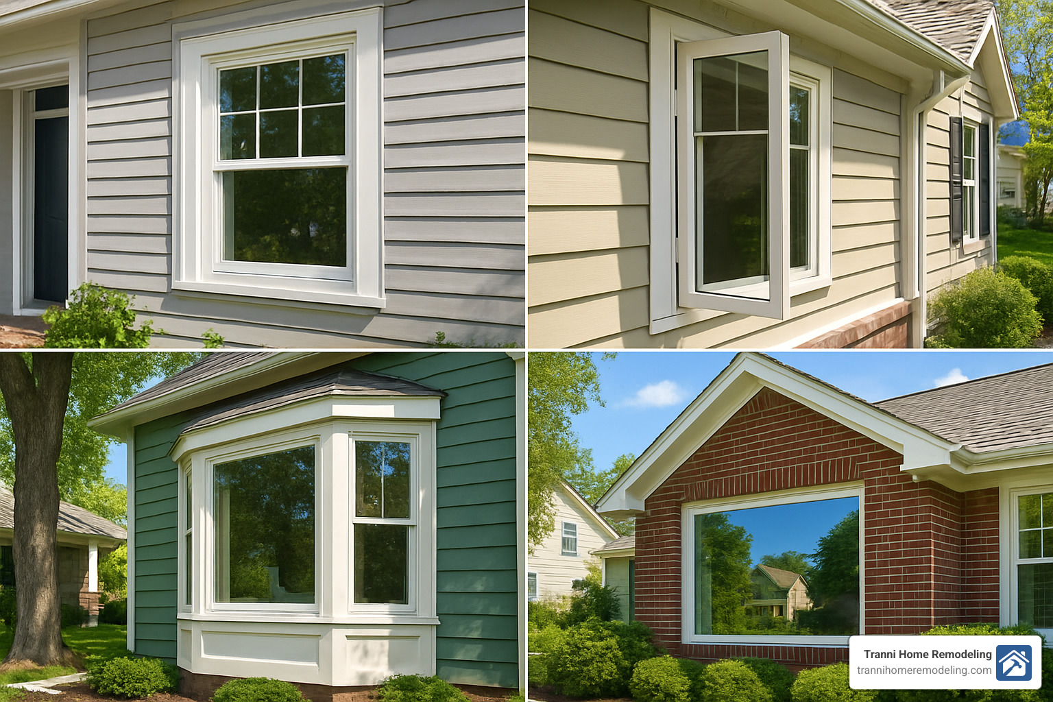 Collage showing different window styles including double-hung, casement, bay, and picture windows on various home exteriors - home replacement windows near me
