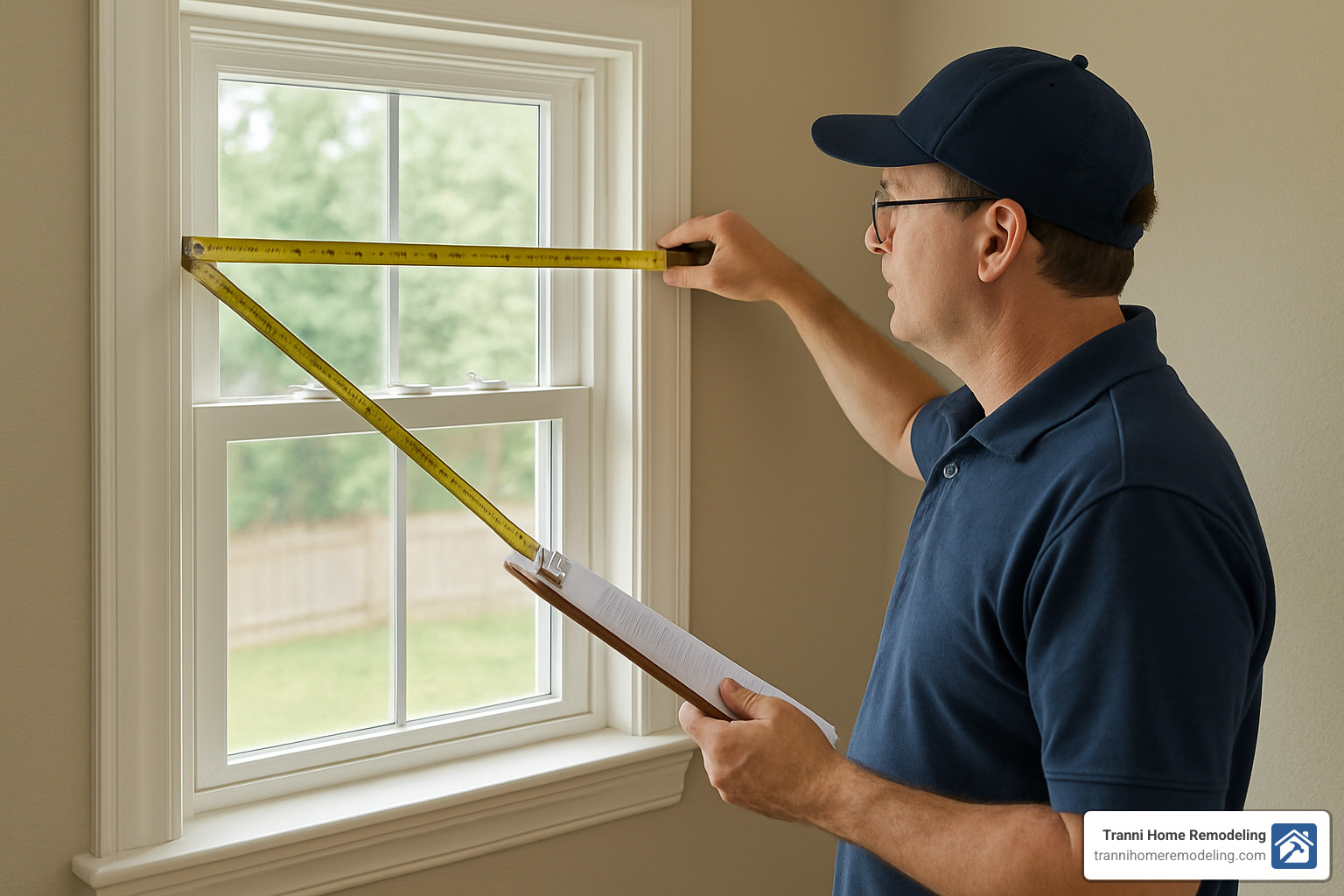 Window estimator with measuring tape checking window dimensions - home replacement windows near me