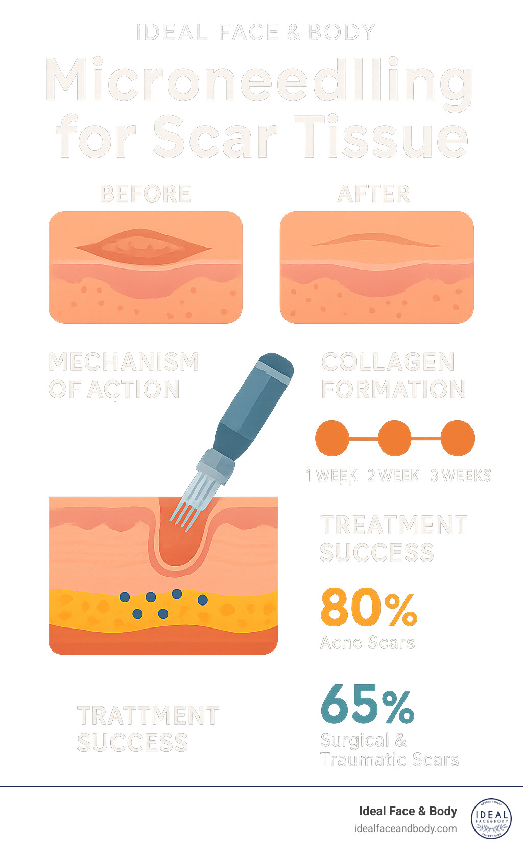 Comprehensive infographic showing microneedling mechanism for scar treatment, including before and after scar appearance, needle penetration depths, collagen formation timeline, and treatment success statistics across different scar types - microneedling for scar tissue infographic 