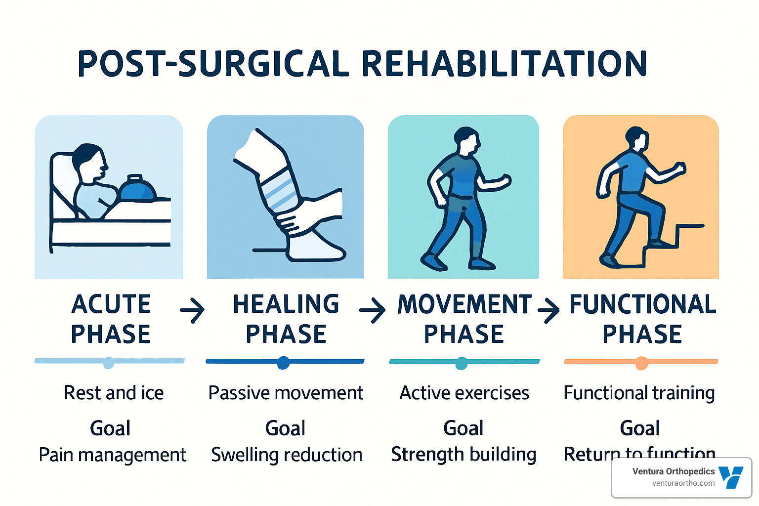 Timeline showing the four phases of post-surgical rehabilitation with specific activities and goals for each phase - Physical Therapy After Surgery
