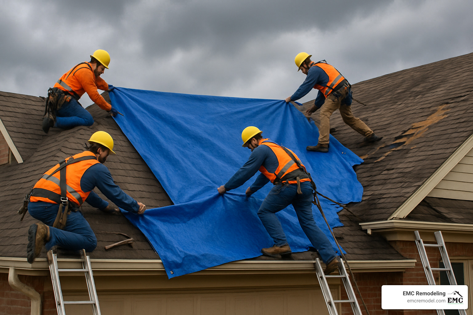 Professional crew installing emergency roof tarp - emergency roof tarp service near me
