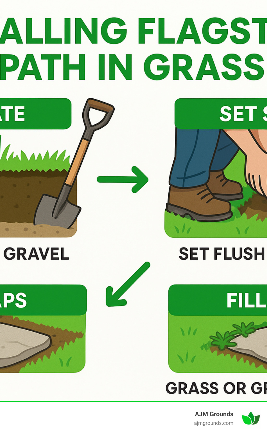 Detailed workflow infographic showing the complete process of installing flagstone path in grass, including excavation depths, base preparation with sand/gravel layers, stone placement techniques, and finishing options for gaps - installing flagstone path in grass infographic 
