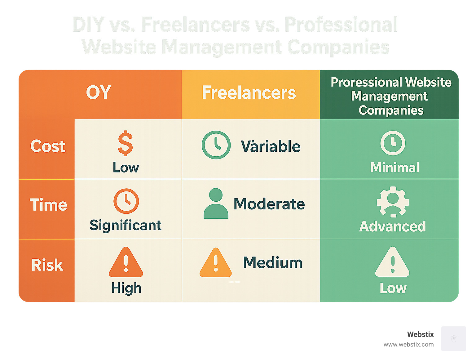 Comparison table showing costs, time requirements, expertise levels, and risk factors for DIY website management versus freelancers versus professional website management companies - website management companies infographic 