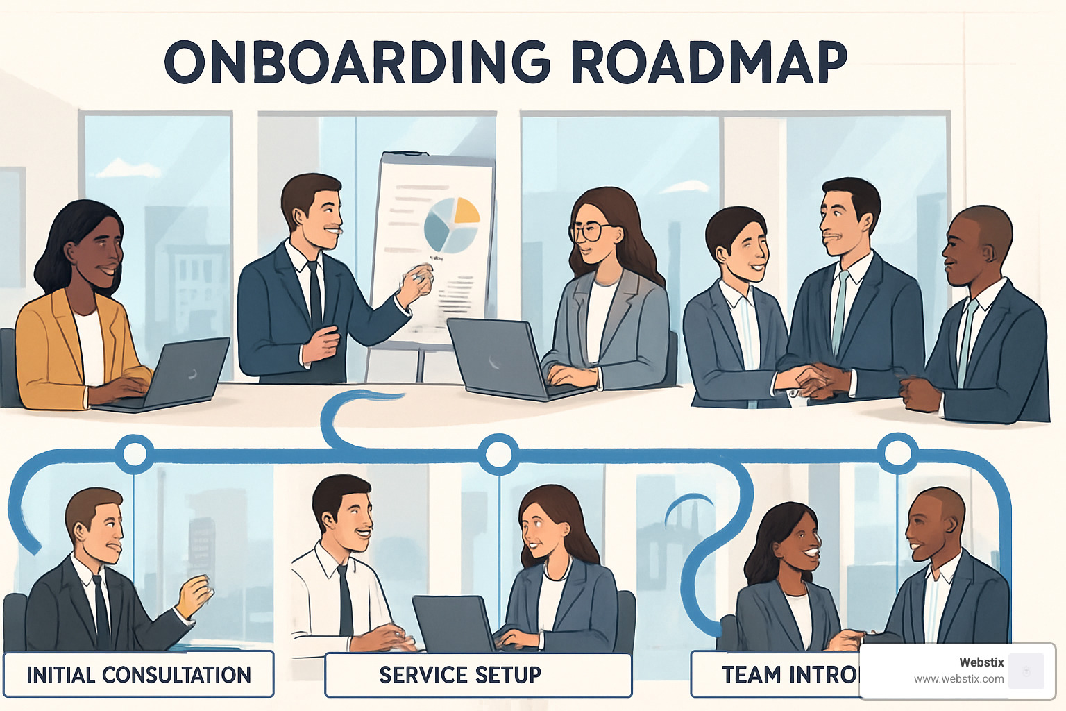 onboarding roadmap showing the step-by-step process from initial consultation through needs analysis, service setup, team introductions, and ongoing support establishment - website management companies