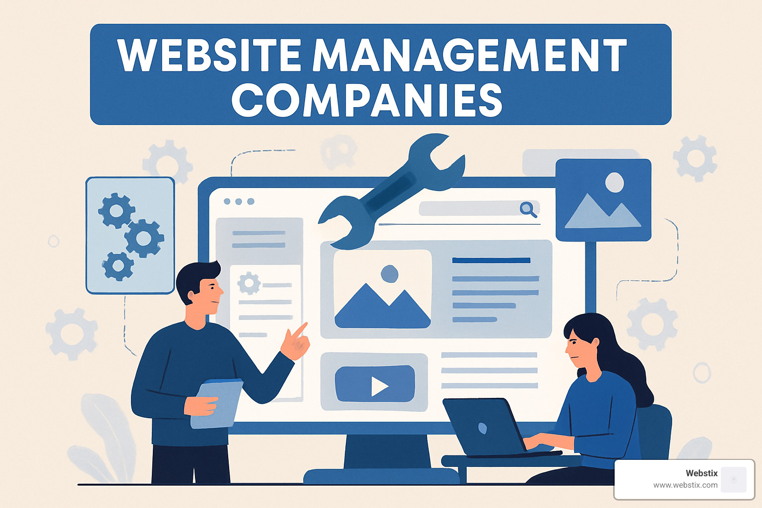stressed business owner juggling multiple website management tasks including security updates, backups, performance monitoring, and content updates while trying to run their business - website management companies