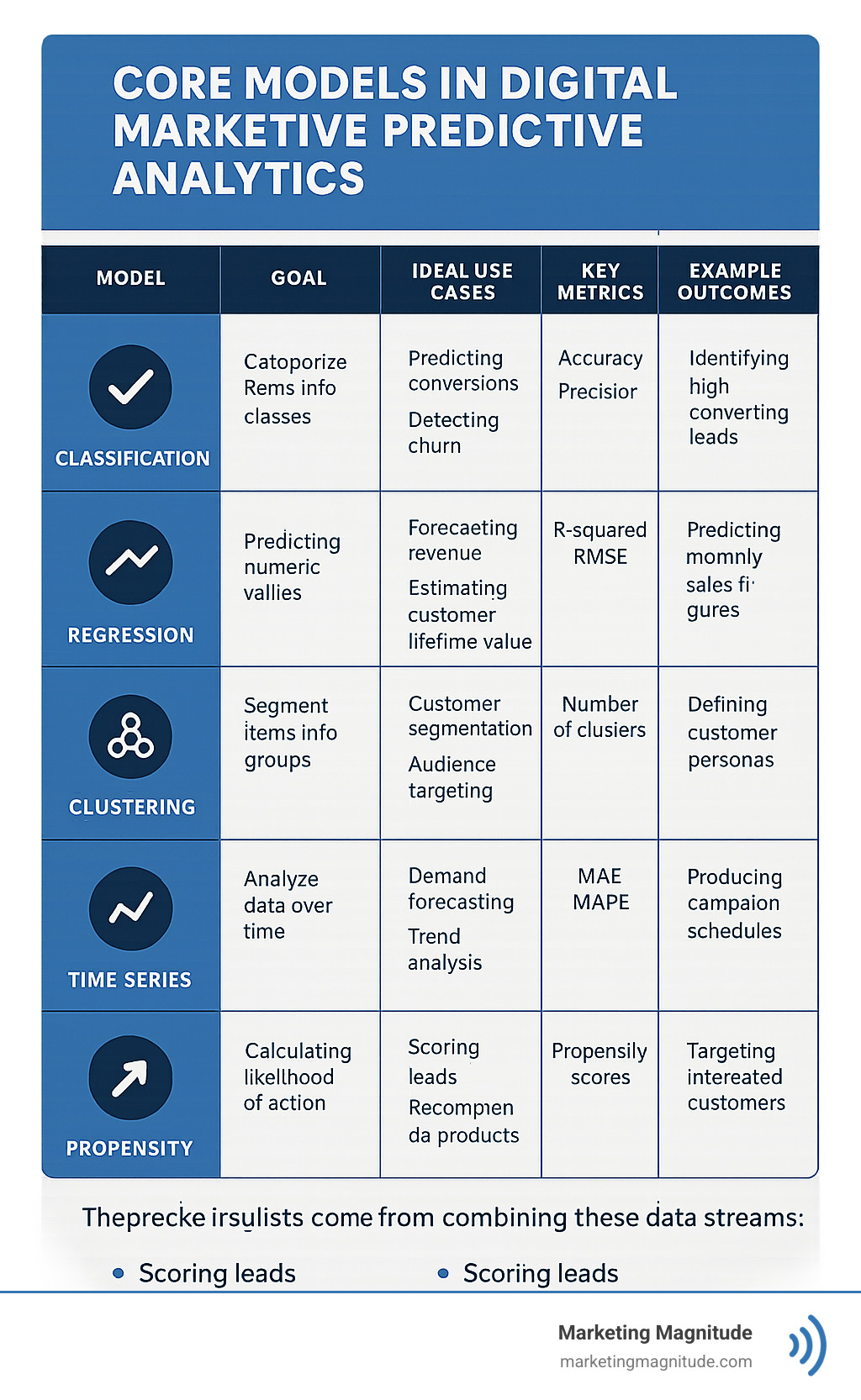 Detailed comparison table showing the five core predictive models (Classification, Regression, Clustering, Time Series, Propensity) with their specific goals, ideal use cases, key metrics, and example outcomes in digital marketing contexts - digital marketing predictive analytics infographic Detailed comparison table showing the five core predictive models (Classification, Regression, Clustering, Time Series, Propensity) with their specific goals, ideal use cases, key metrics, and example outcomes in digital marketing contexts - digital marketing predictive analytics infographic