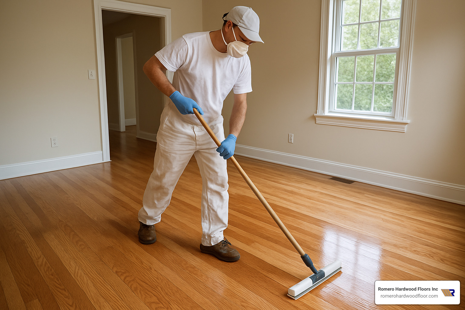 masked worker applying finish - hard floor refinishing