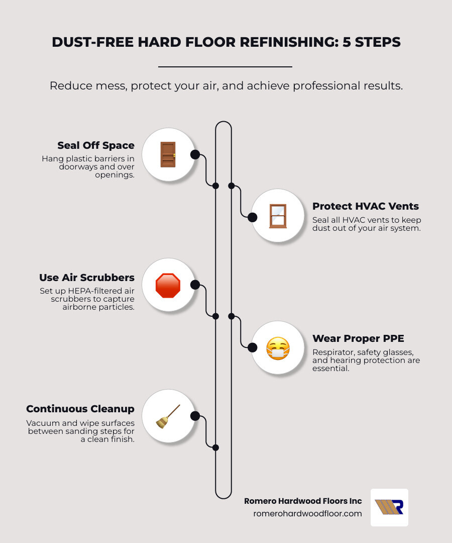 Comprehensive infographic showing dust-free setup with plastic barriers, air scrubbers, sealed HVAC vents, proper PPE equipment including respirators and safety glasses, and step-by-step dust containment procedures for professional-quality hard floor refinishing - hard floor refinishing infographic infographic-line-5-steps-neat_beige