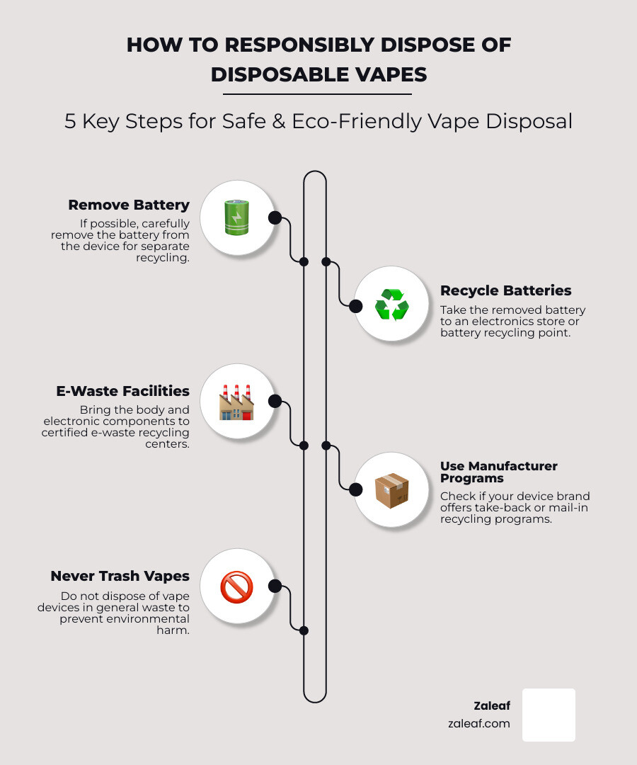 Infographic showing proper disposal methods for disposable vapes: battery recycling at electronics stores, e-waste facilities for components, and manufacturer take-back programs - High-quality disposable vapes infographic infographic-line-5-steps-neat_beige