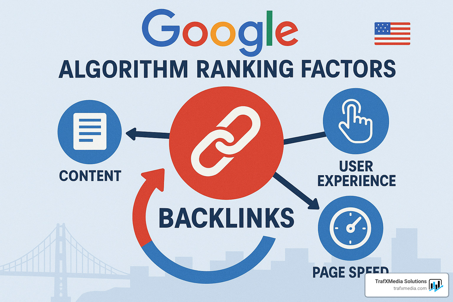 Google algorithm ranking factors with backlinks highlighted as primary signal for search engine trust and authority building - backlinking service in san francisco